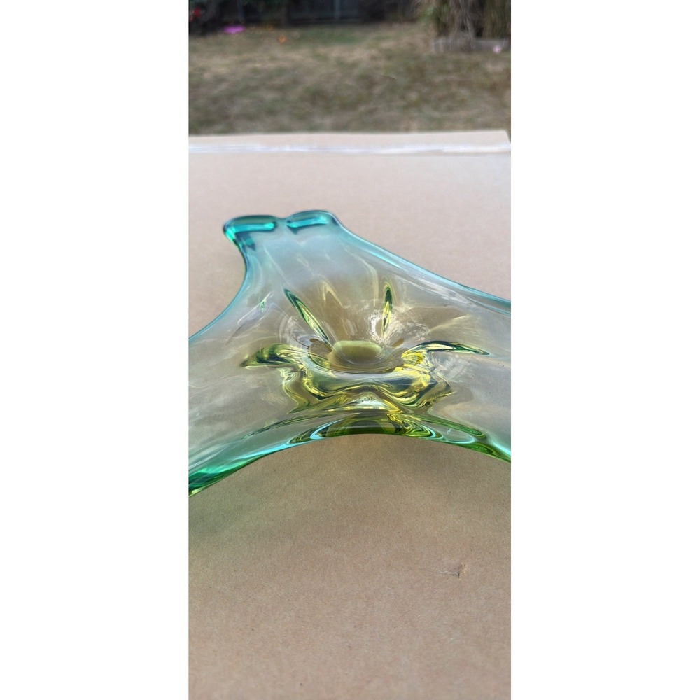 Green Yellow Swirl Art Glass Decorative Abstract Bowl Centerpiece - Picture 3 of 4